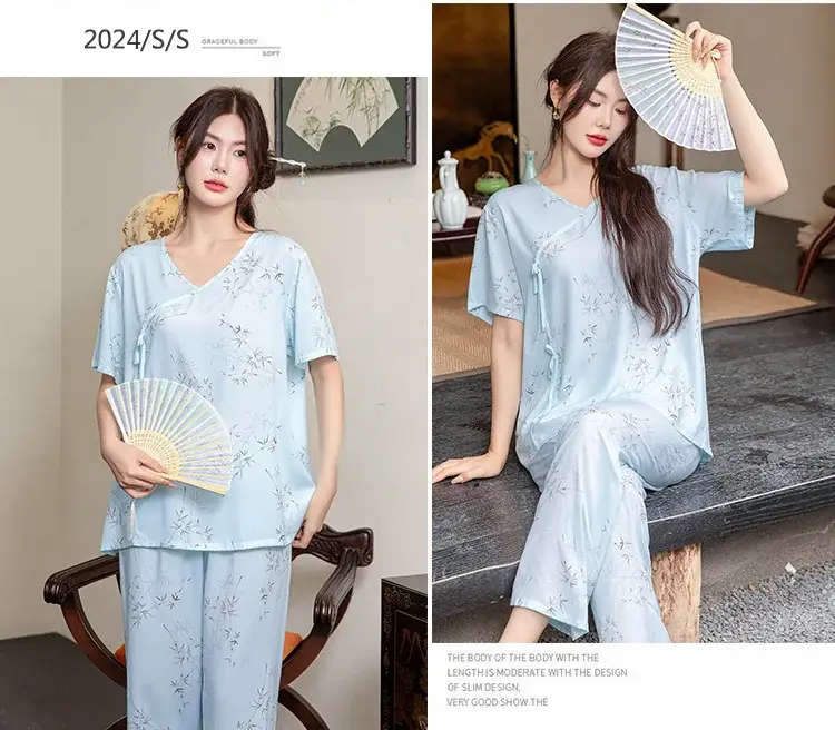 Women Cotton Silk Pajama Set Pink Yellow Summer — feature 13