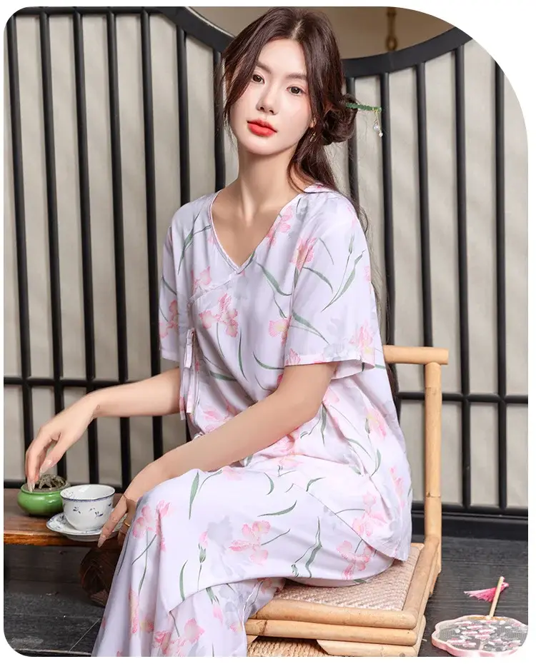 Women Cotton Silk Pajama Set Pink Yellow Summer — feature 14