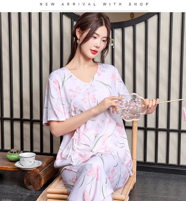 Women Cotton Silk Pajama Set Pink Yellow Summer — feature 15