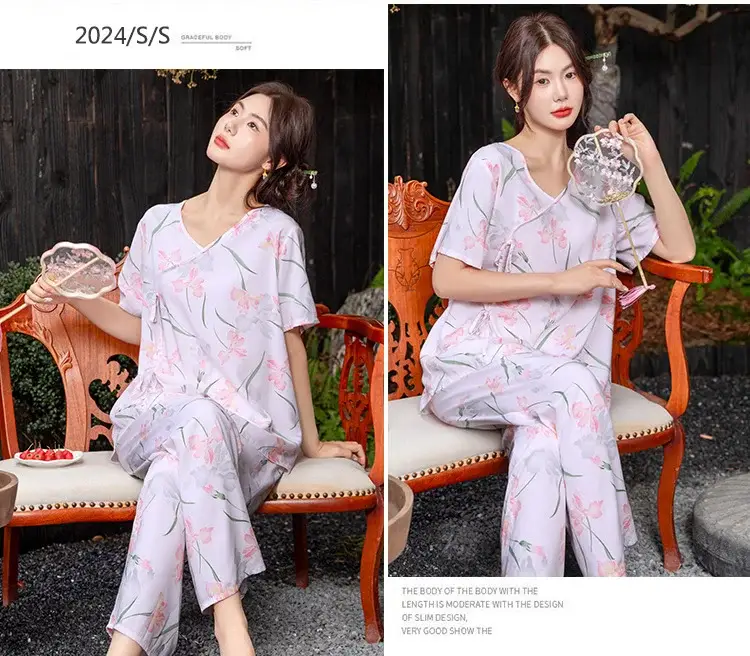 Women Cotton Silk Pajama Set Pink Yellow Summer — feature 16