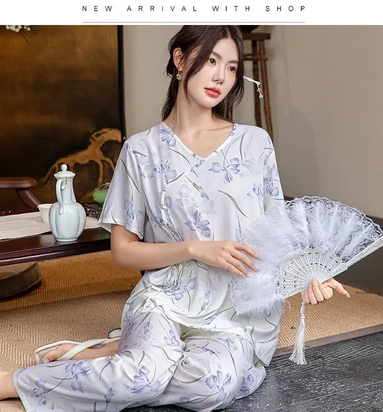 Women Cotton Silk Pajama Set Pink Yellow Summer — feature 18