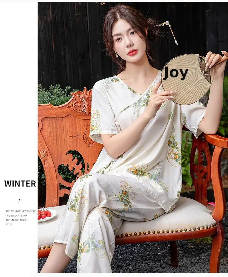 Women Cotton Silk Pajama Set Pink Yellow Summer — feature 2