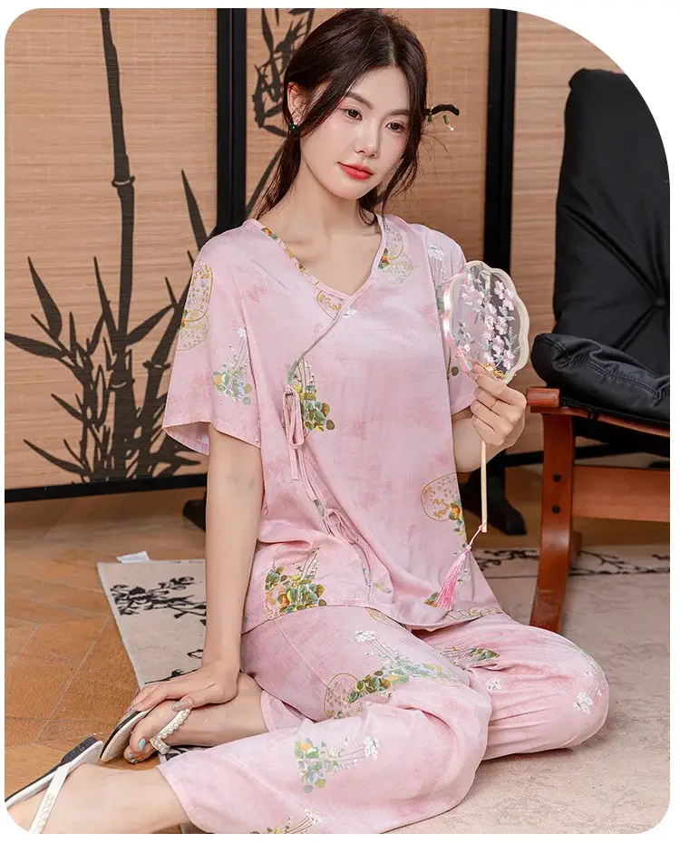 Women Cotton Silk Pajama Set Pink Yellow Summer — feature 20