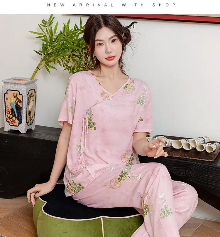 Women Cotton Silk Pajama Set Pink Yellow Summer — feature 21