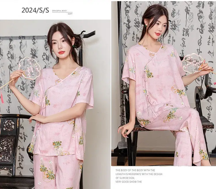 Women Cotton Silk Pajama Set Pink Yellow Summer — feature 22