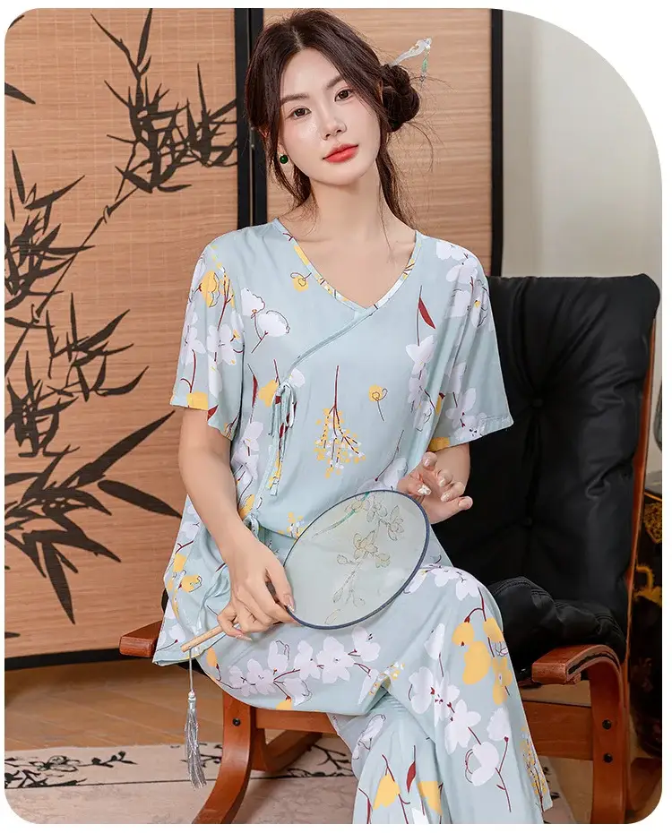 Women Cotton Silk Pajama Set Pink Yellow Summer — feature 23
