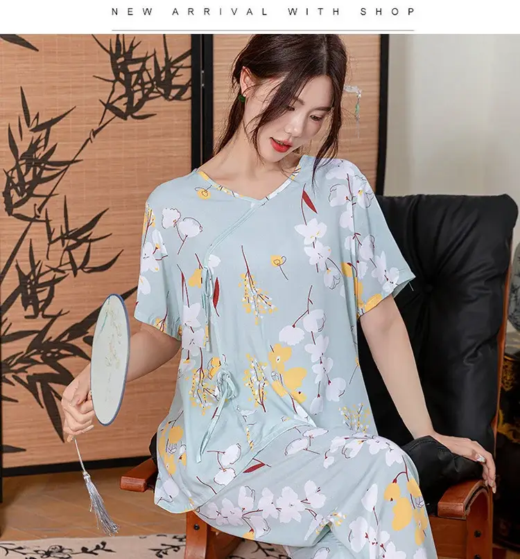 Women Cotton Silk Pajama Set Pink Yellow Summer — feature 24