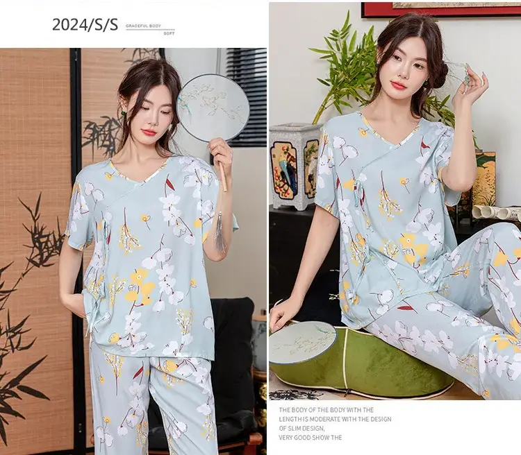 Women Cotton Silk Pajama Set Pink Yellow Summer — feature 25