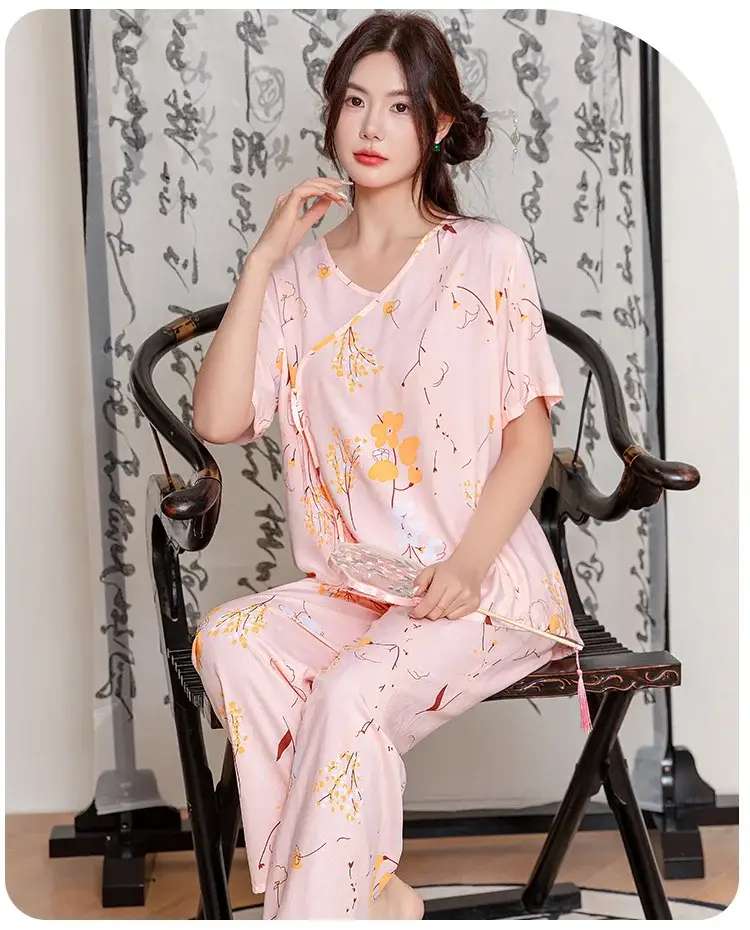 Women Cotton Silk Pajama Set Pink Yellow Summer — feature 26