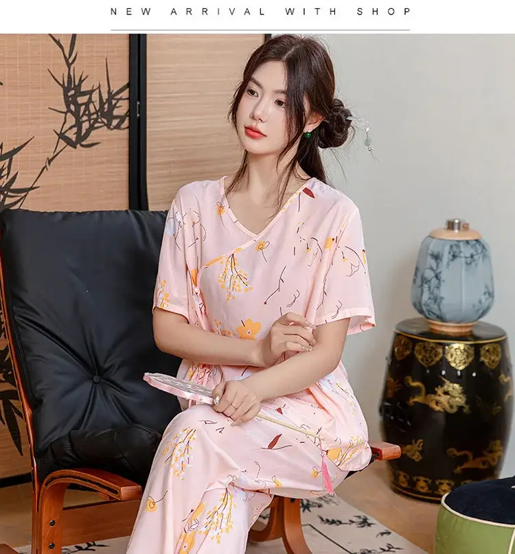 Women Cotton Silk Pajama Set Pink Yellow Summer — feature 27