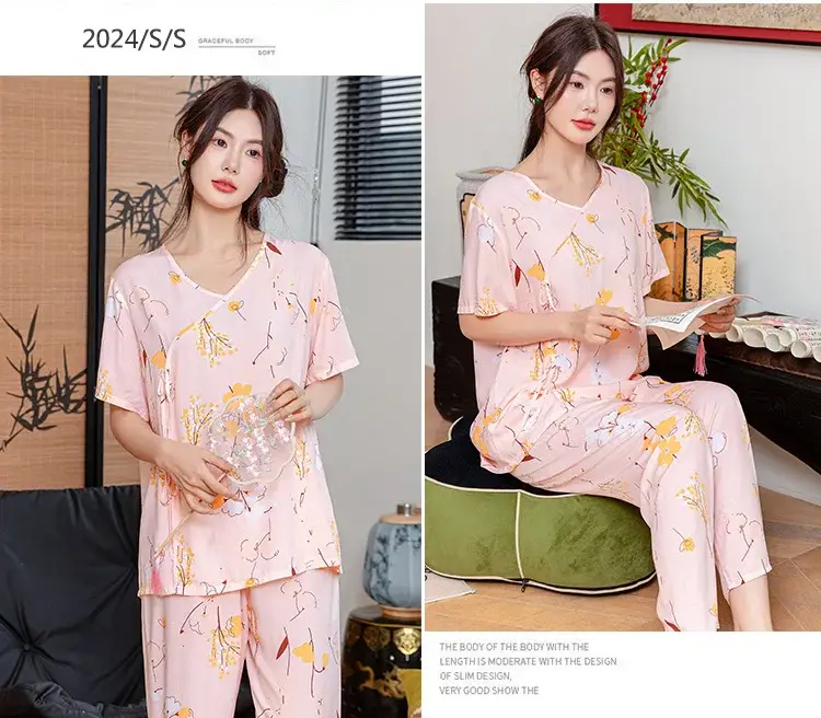 Women Cotton Silk Pajama Set Pink Yellow Summer — feature 28