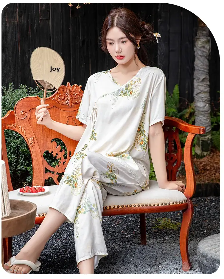 Women Cotton Silk Pajama Set Pink Yellow Summer — feature 29