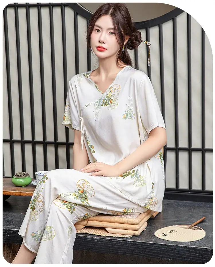 Women Cotton Silk Pajama Set Pink Yellow Summer — feature 3