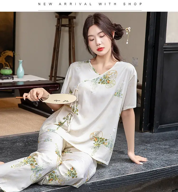 Women Cotton Silk Pajama Set Pink Yellow Summer — feature 30