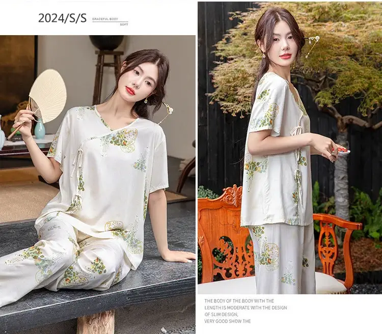 Women Cotton Silk Pajama Set Pink Yellow Summer — feature 31