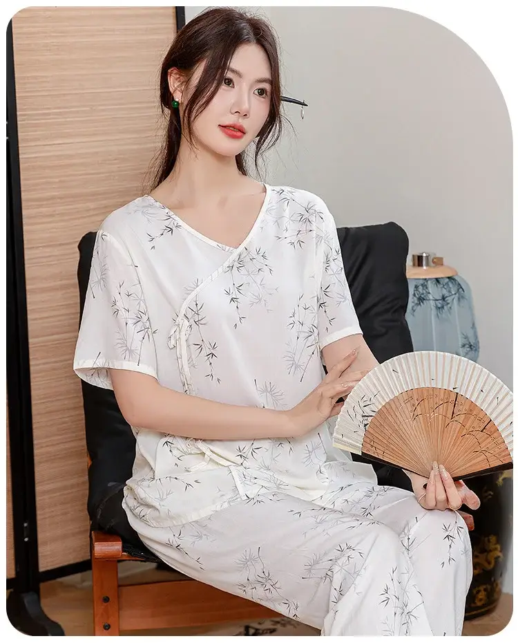 Women Cotton Silk Pajama Set Pink Yellow Summer — feature 8