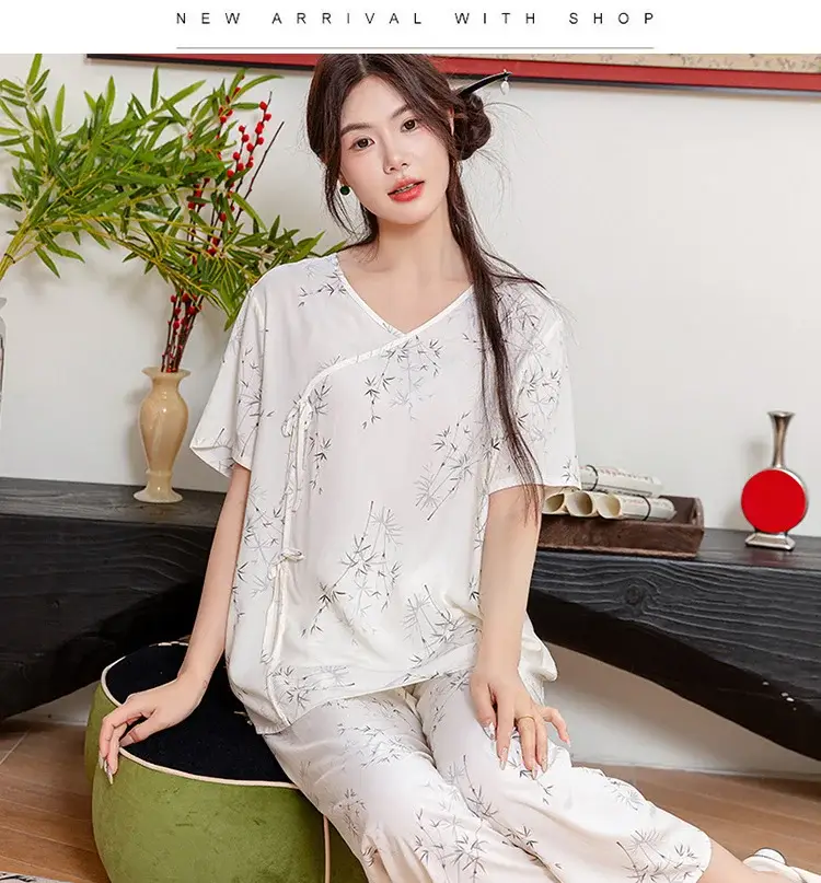 Women Cotton Silk Pajama Set Pink Yellow Summer — feature 9