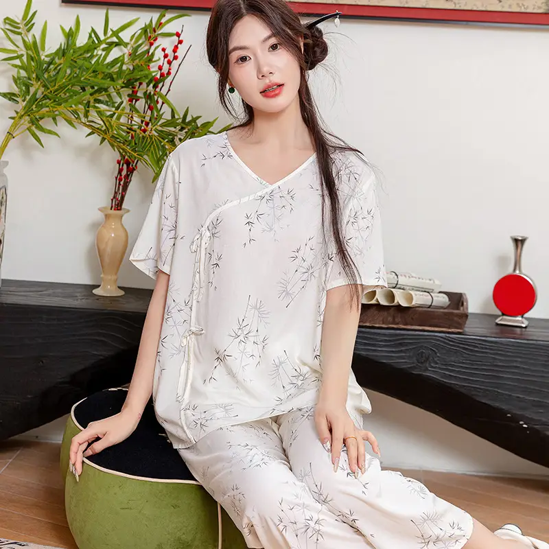 Women Cotton Silk Pajama Set Pink Yellow Summer - Image 5