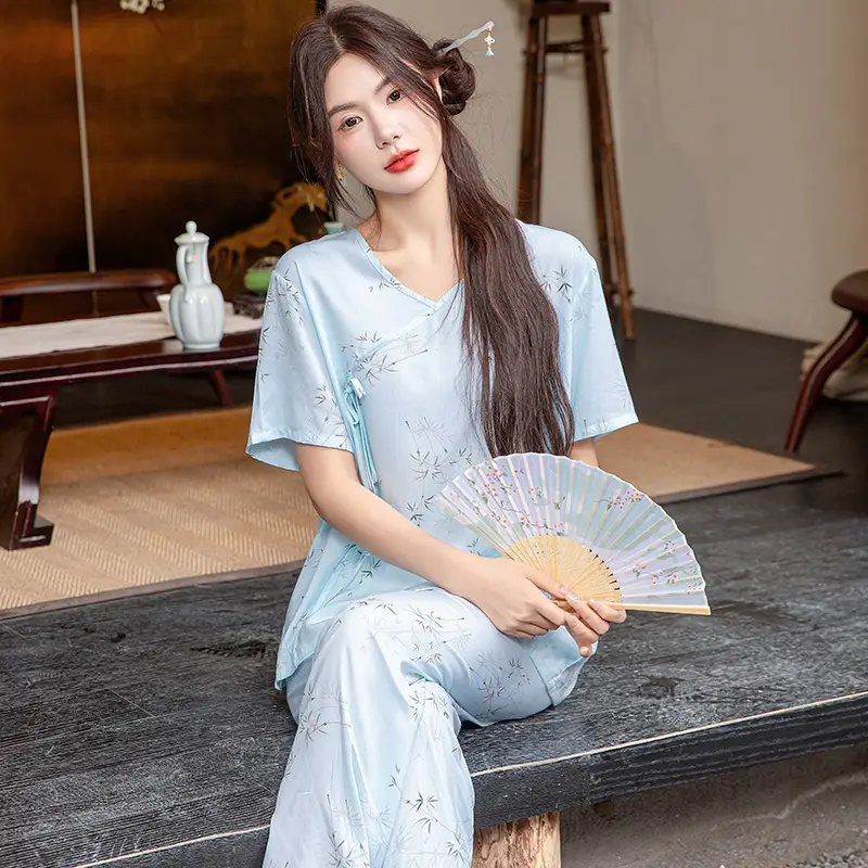 Women Cotton Silk Pajama Set Pink Yellow Summer - Image 6