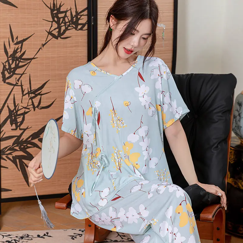 Women Cotton Silk Pajama Set Pink Yellow Summer - Image 7