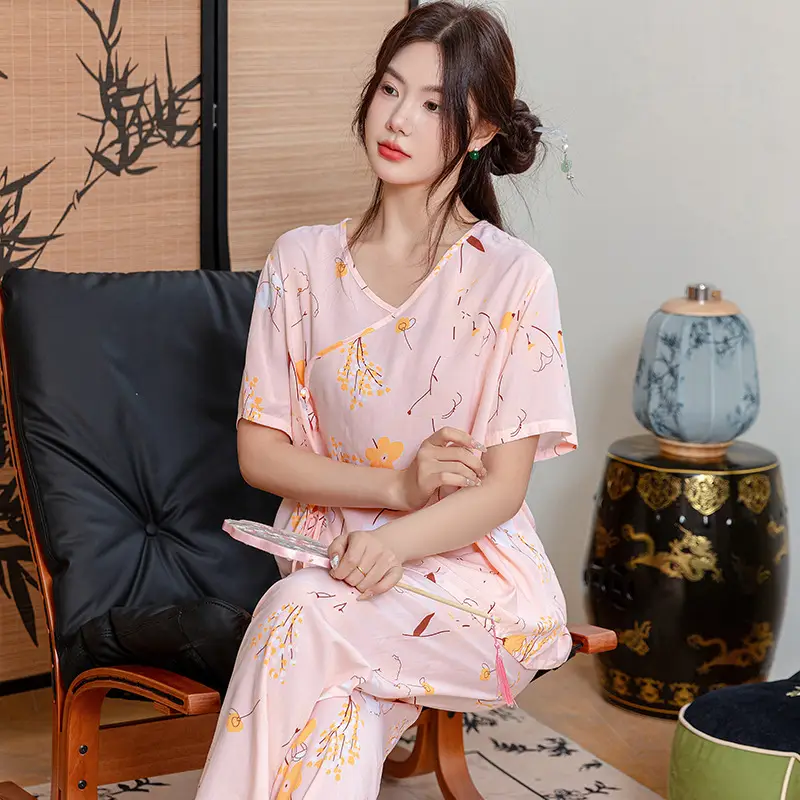 Women Cotton Silk Pajama Set Pink Yellow Summer - Image 8