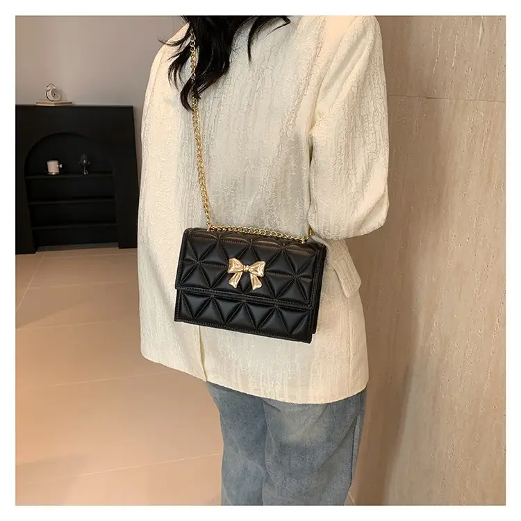 Black Rhomboid Chain Bow Shoulder Bag for Women - Image 8