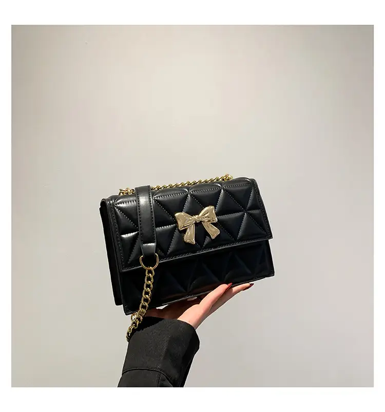 Black Rhomboid Chain Bow Shoulder Bag for Women - Image 2