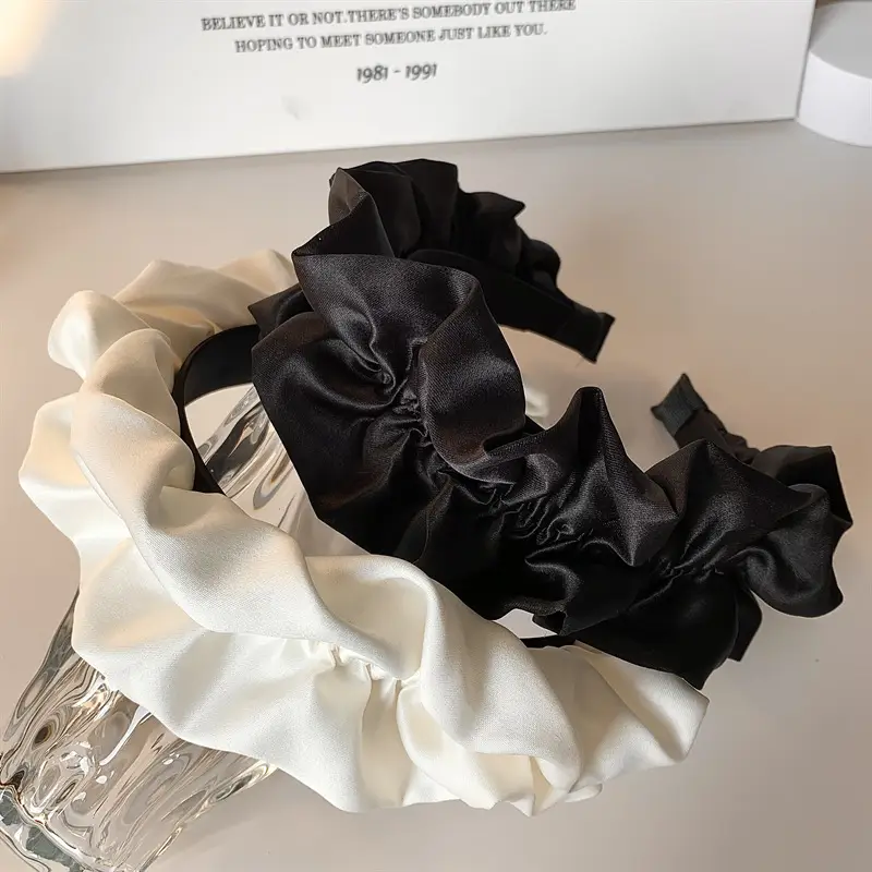 Black Pleated Hair Band for Women with Wide Edge