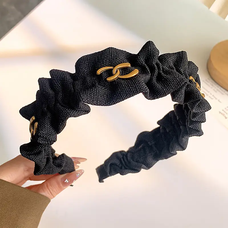 Black Pleated Hair Band for Women with Wide Edge
