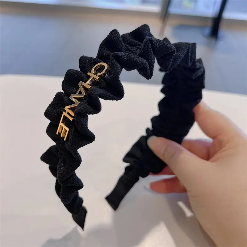 Black Pleated Hair Band for Women with Wide Edge