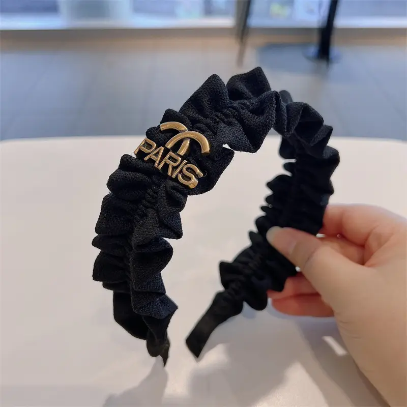 Black Pleated Hair Band for Women with Wide Edge