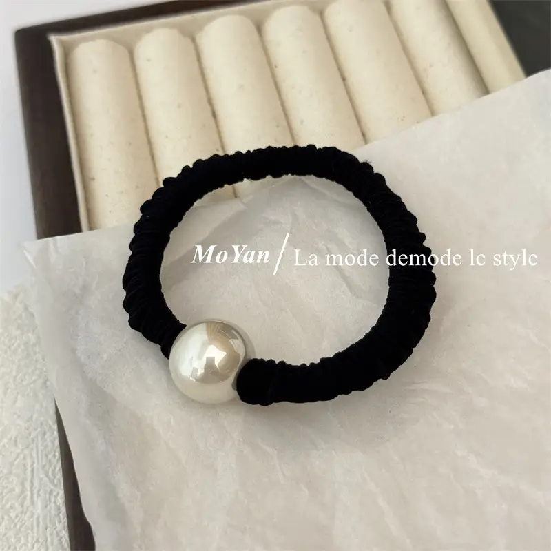 Vintage Pearl Hair Ring Black Elastic for Women - Image 2