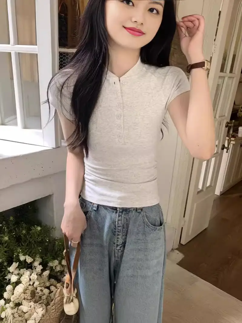 Women Cotton Button T-Shirt Gray Short Sleeve Summer - Image 3