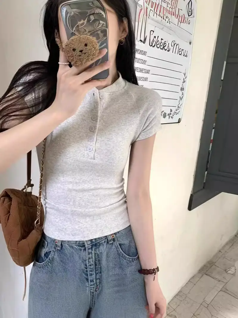 Women Cotton Button T-Shirt Gray Short Sleeve Summer - Image 4