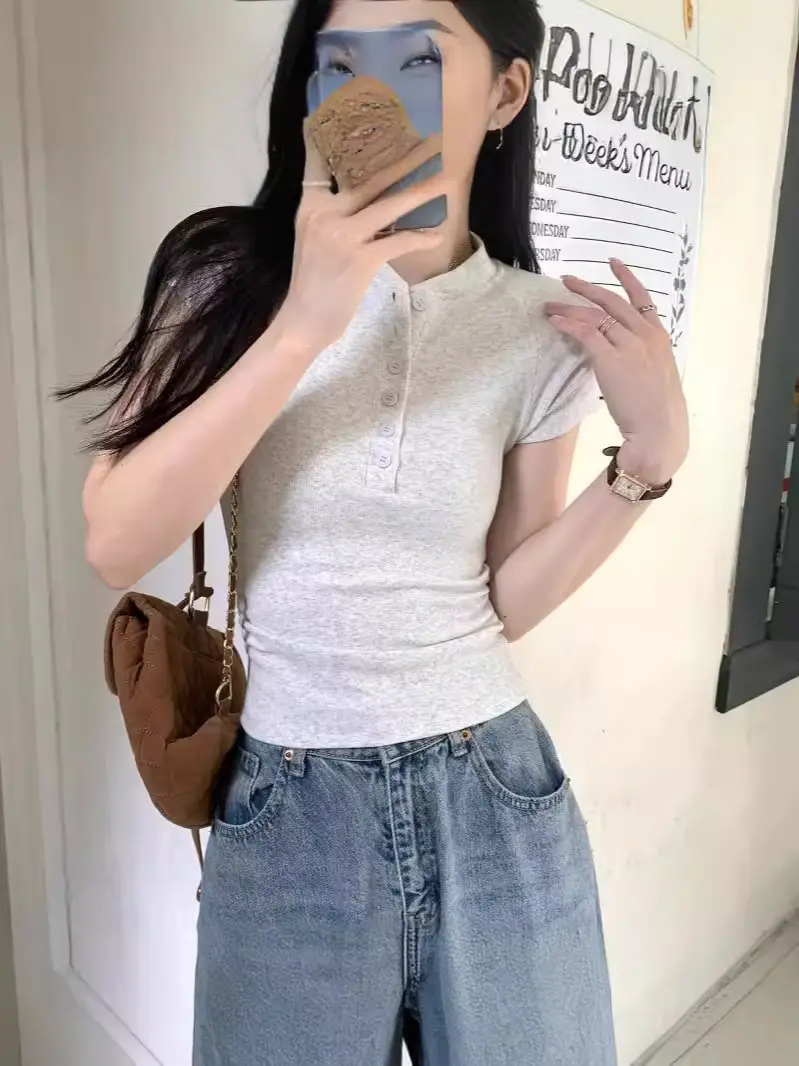 Women Cotton Button T-Shirt Gray Short Sleeve Summer - Image 6