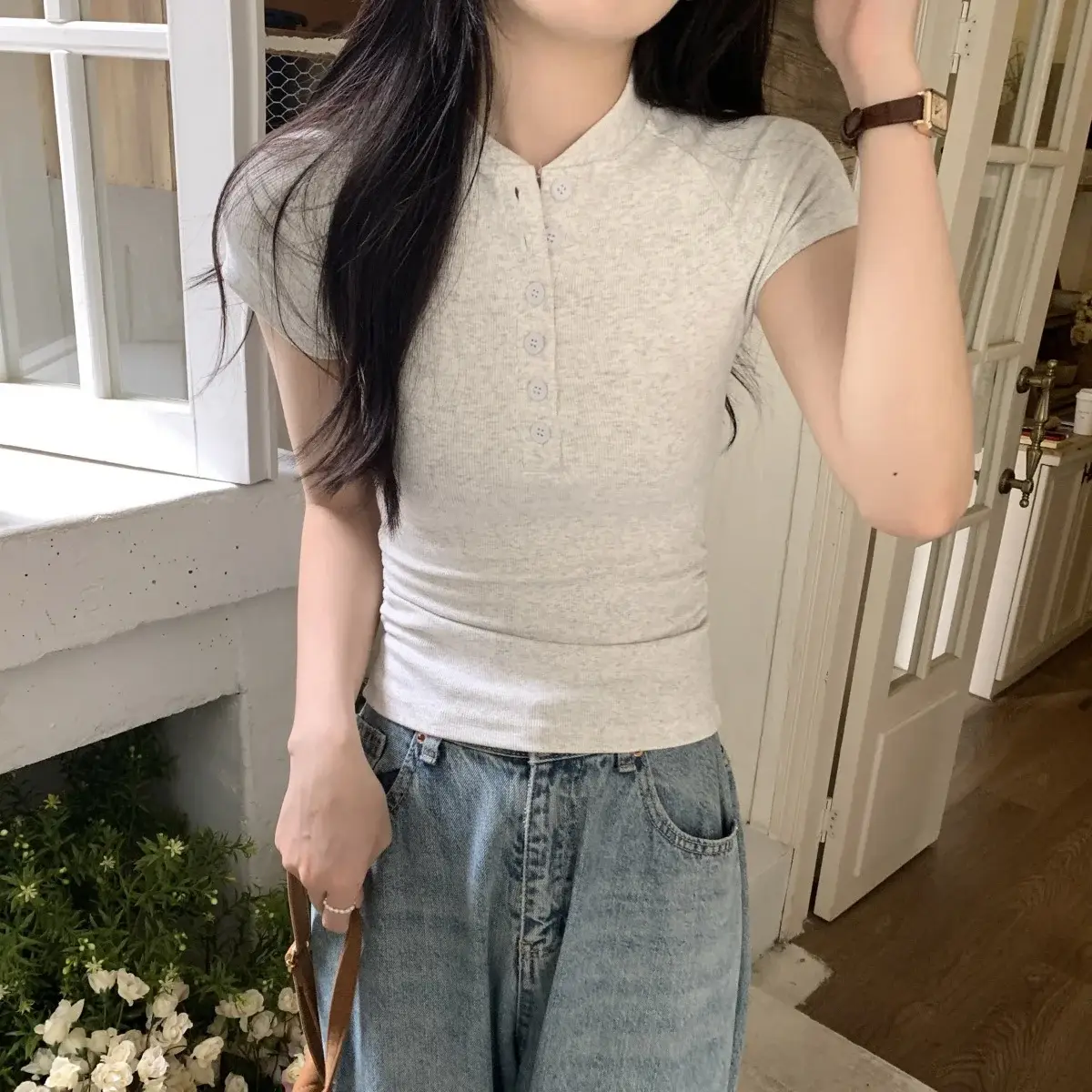 Women Cotton Button T-Shirt Gray Short Sleeve Summer — feature 2