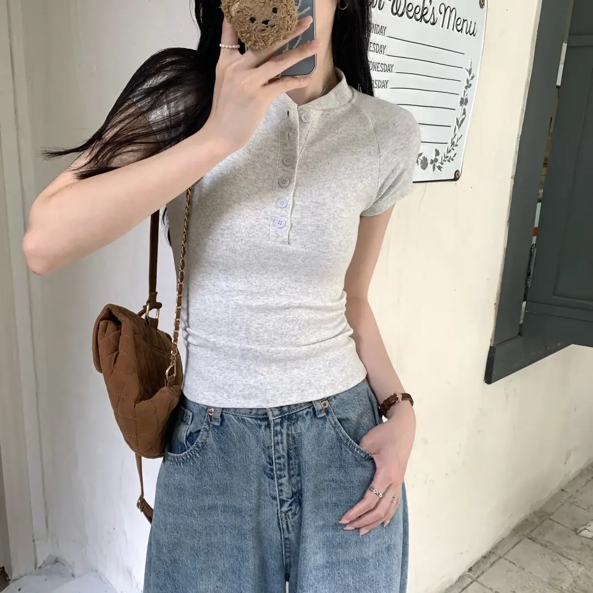 Women Cotton Button T-Shirt Gray Short Sleeve Summer — feature 3