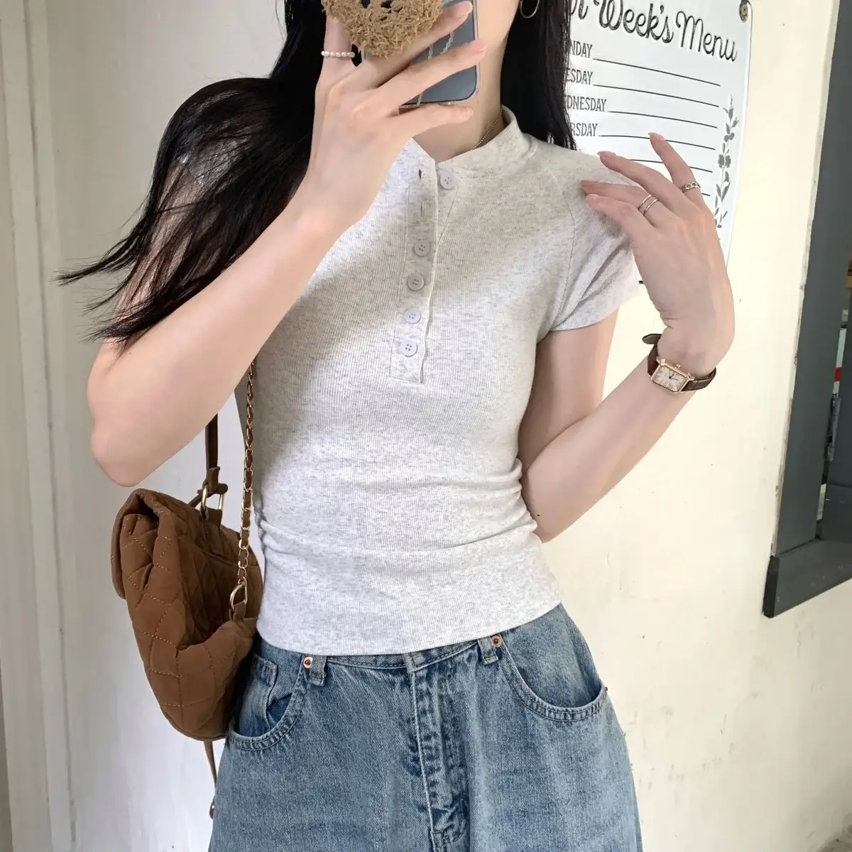 Women Cotton Button T-Shirt Gray Short Sleeve Summer — feature 4