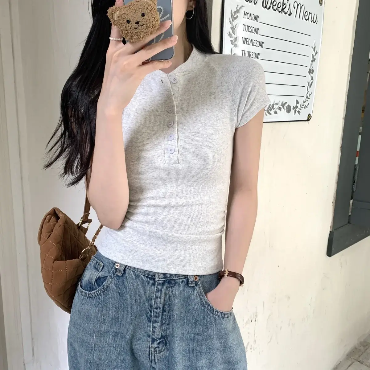 Women Cotton Button T-Shirt Gray Short Sleeve Summer — feature 5