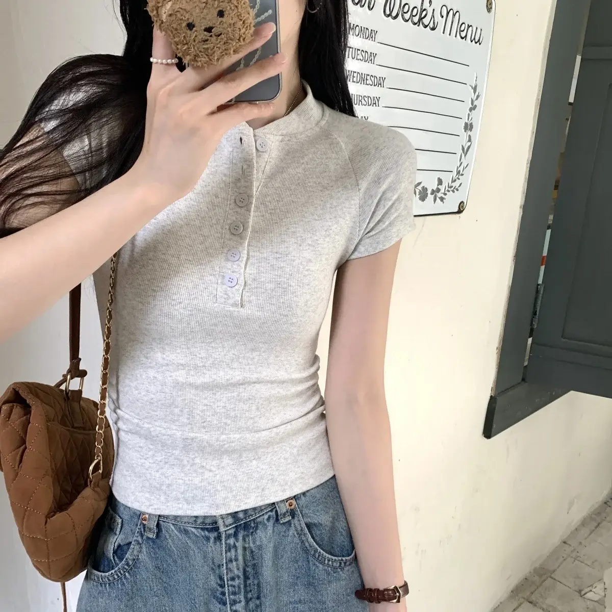 Women Cotton Button T-Shirt Gray Short Sleeve Summer — feature 6