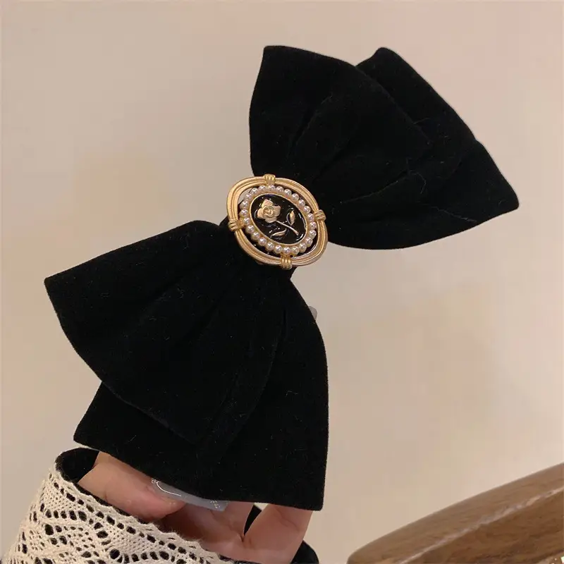 Black Velvet Rose Bow Hair Clip with Gold Clasp - Image 5