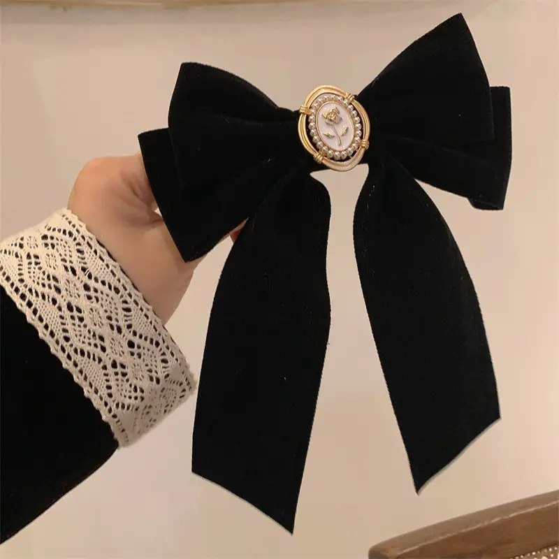 Black Velvet Rose Bow Hair Clip with Gold Clasp - Image 6