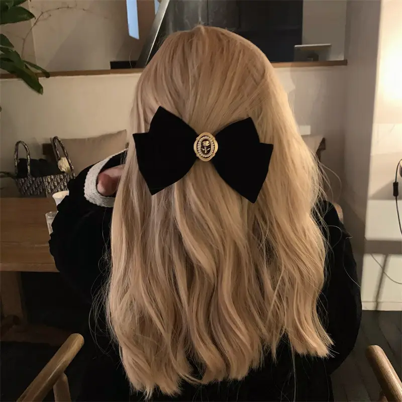 Black Velvet Rose Bow Hair Clip with Gold Clasp - Image 7