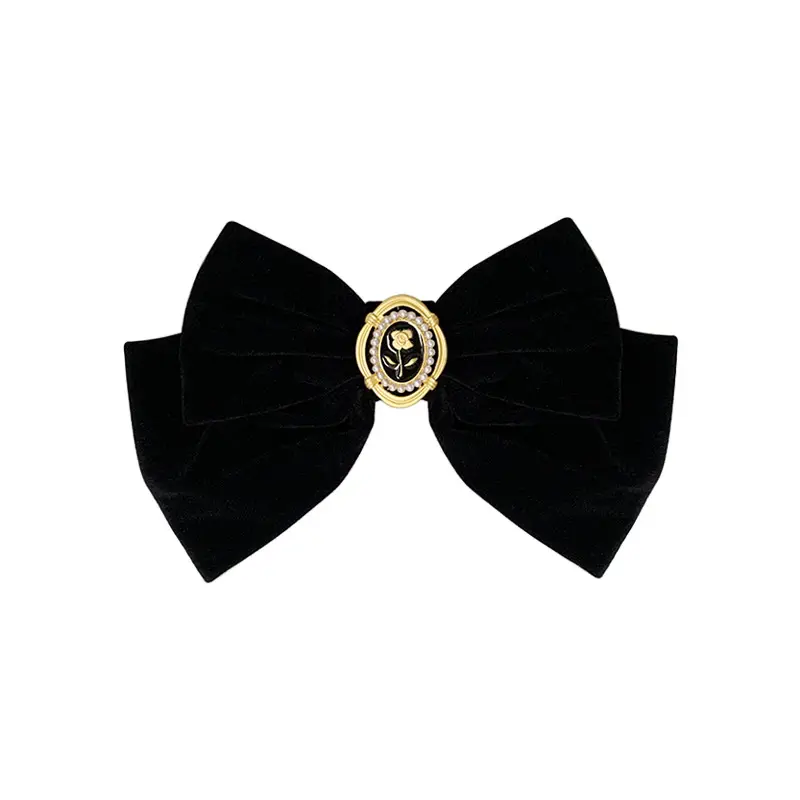 Black Velvet Rose Bow Hair Clip with Gold Clasp - Image 8