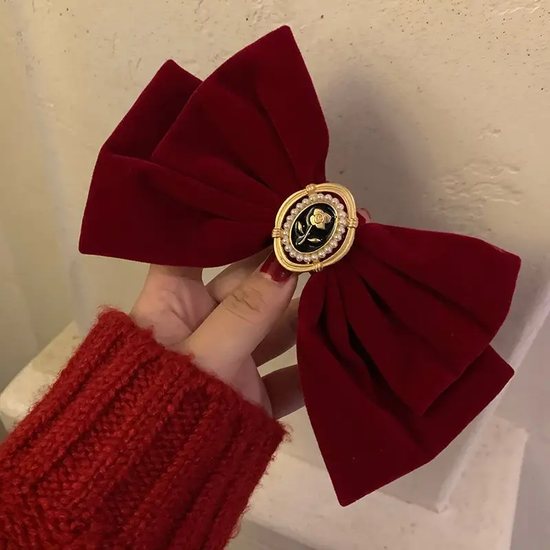 Black Velvet Rose Bow Hair Clip with Gold Clasp - Image 3