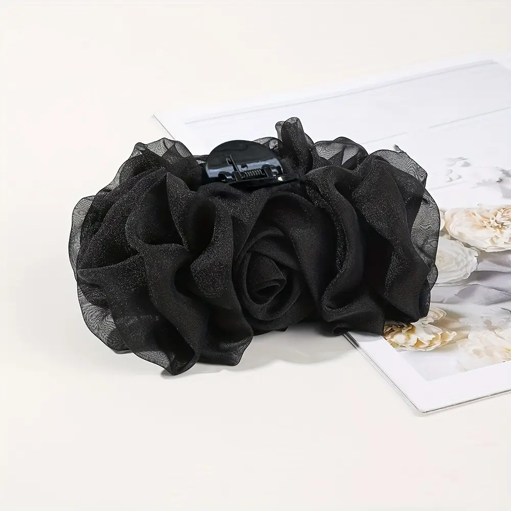 Black Chiffon Rose Bow Hair Clip Large