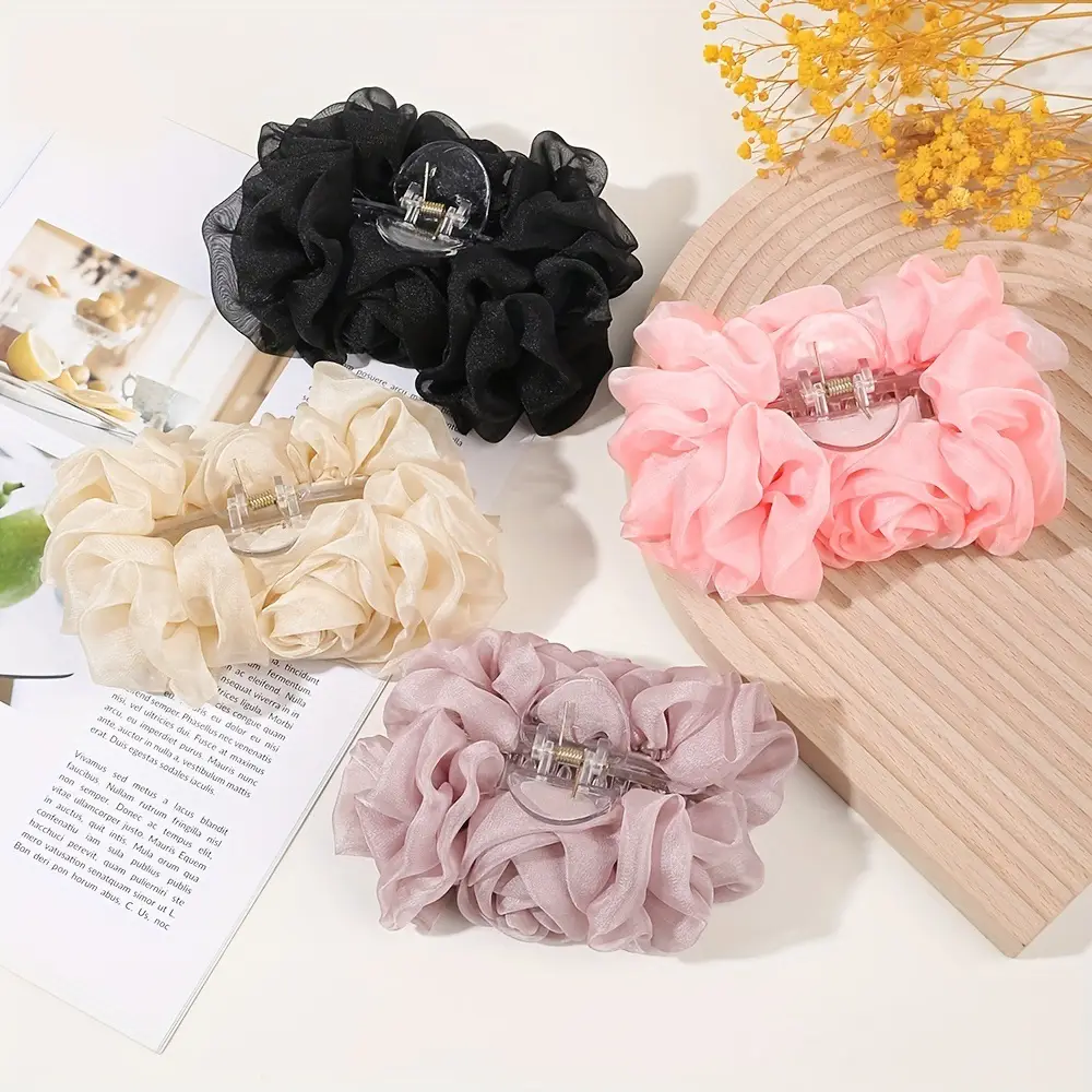 Black Chiffon Rose Bow Hair Clip Large — feature 4