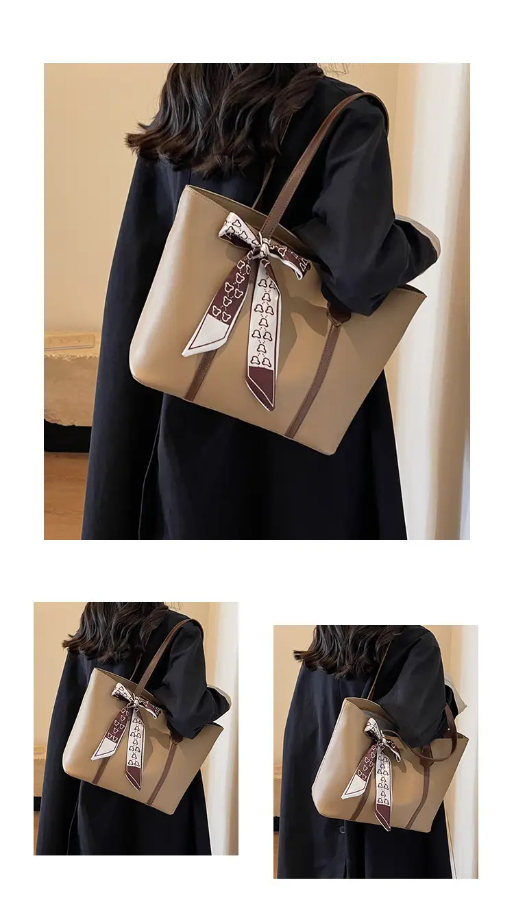 Women's Tan Bow Tote Bag Large Capacity Shoulder Bag — feature 8