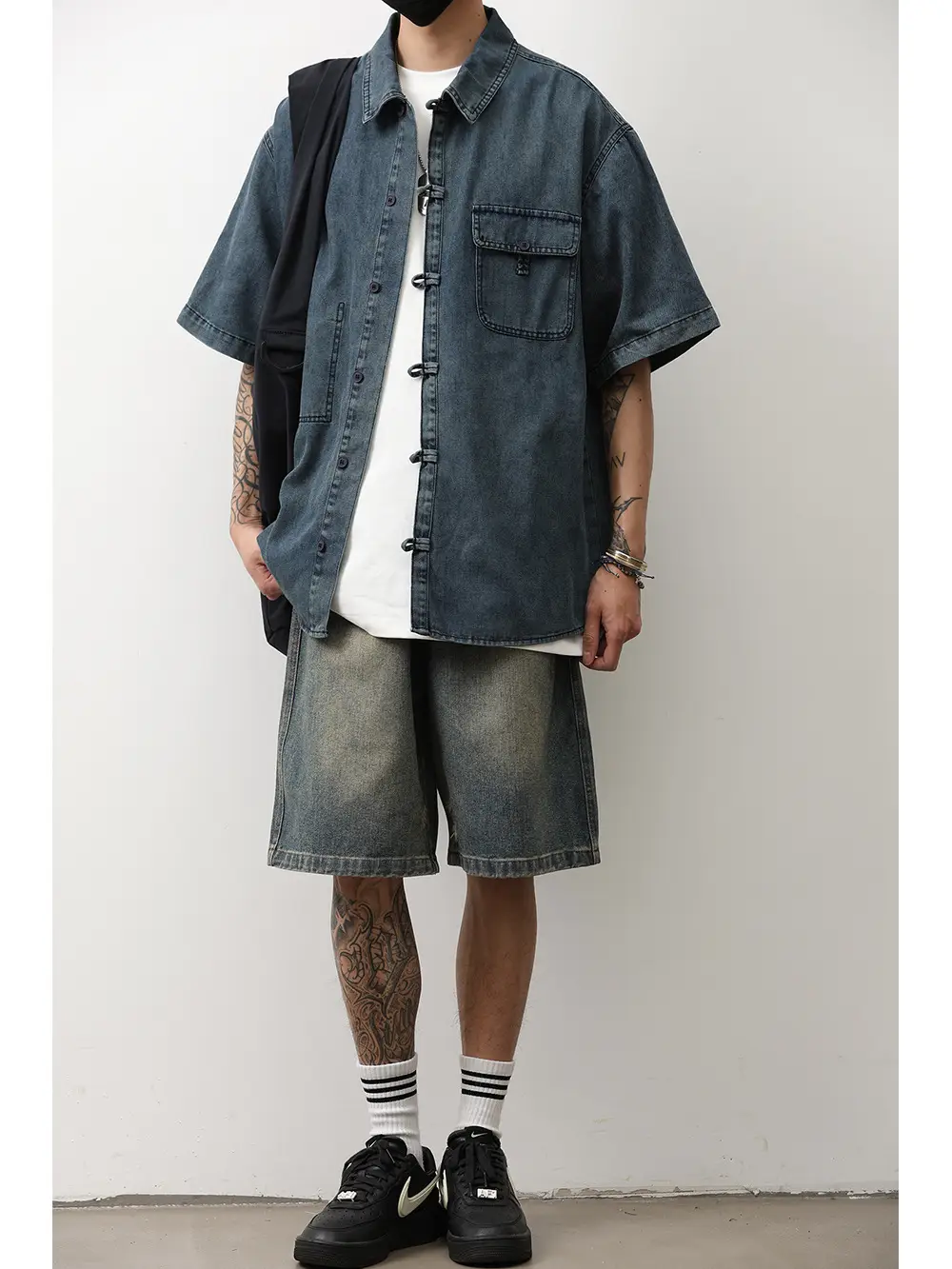 Denim Short Sleeve Shirt Dark Blue Men's Summer Wear