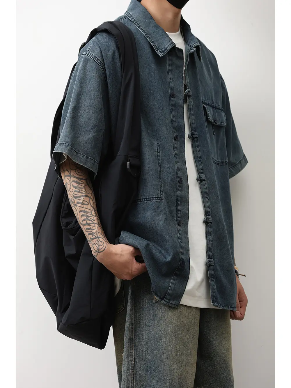 Denim Short Sleeve Shirt Dark Blue Men's Summer Wear
